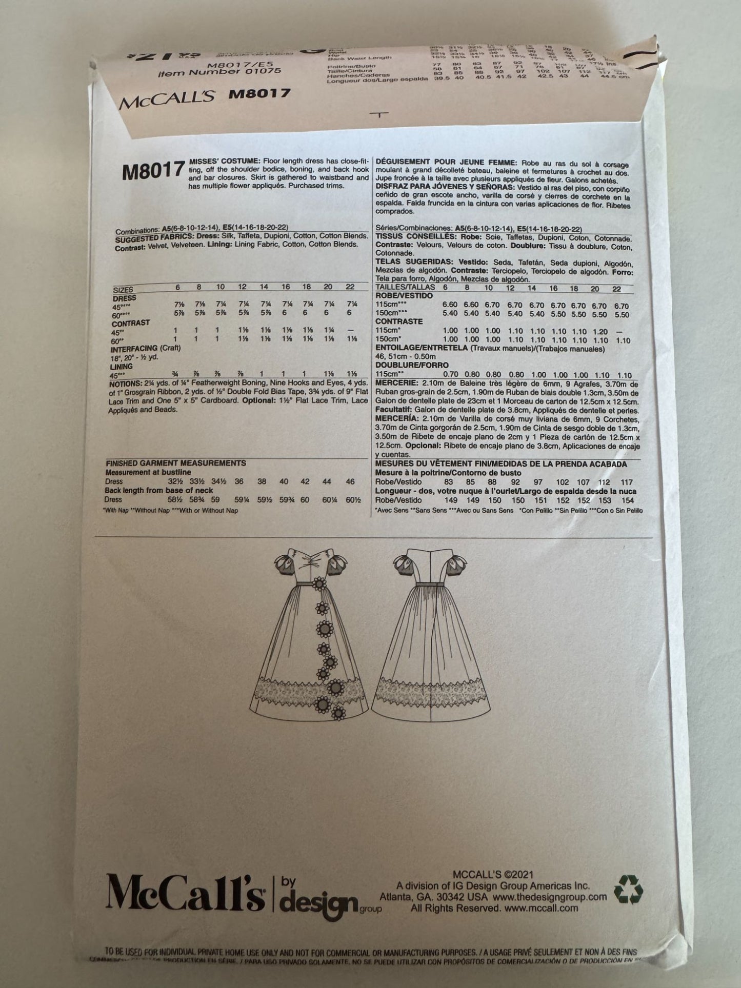 McCalls Costume Sewing Pattern M8017 Historical Dress Gown 14-22 Angela Clayton