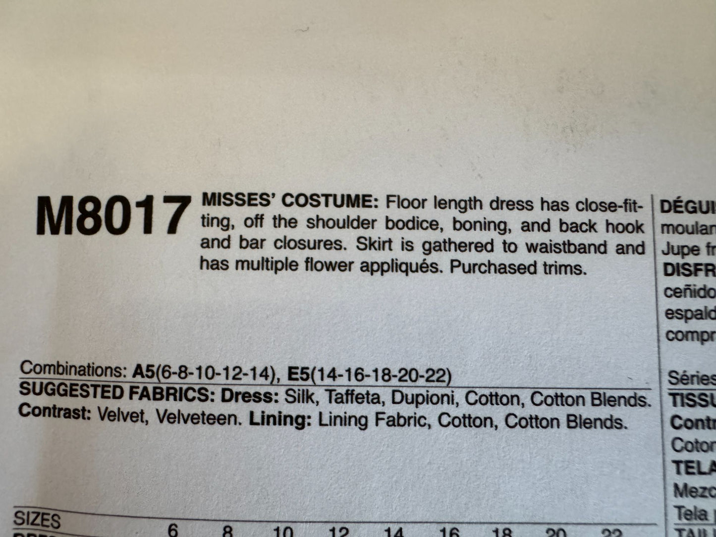 McCalls Costume Sewing Pattern M8017 Historical Dress Gown 14-22 Angela Clayton