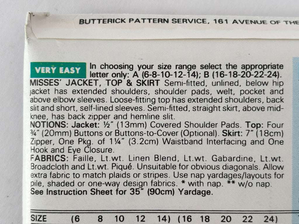 Butterick Sewing Pattern 6252 Jacket Top Skirt 90s Career Suit Easy 6-14 Uncut