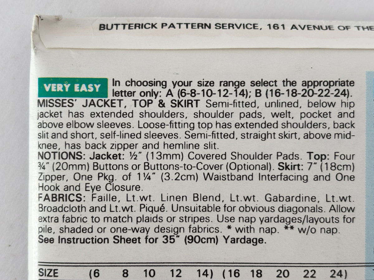 Butterick Sewing Pattern 6252 Jacket Top Skirt 90s Career Suit Easy 6-14 Uncut