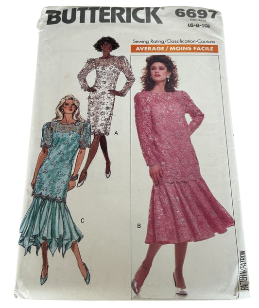Butterick Sewing Pattern 6697 80s Dress Tunic Vintage Lace Flounce 6 8 10 Uncut