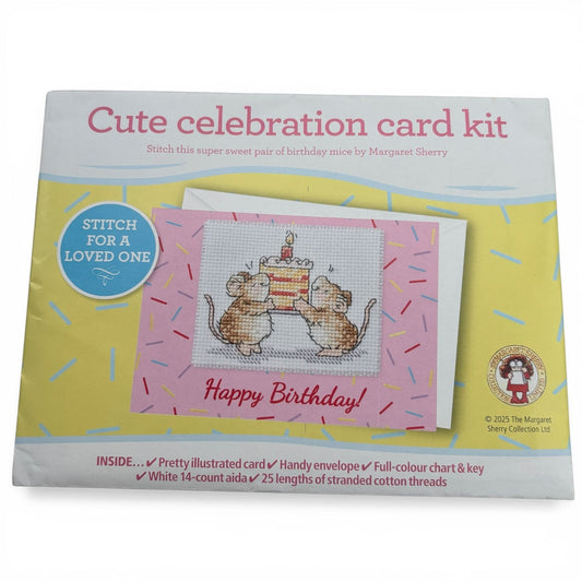 The World of Cross Stitching Cross Stitch Birthday Card Kit Cute Celebration Mouse Mice Margaret Sherry