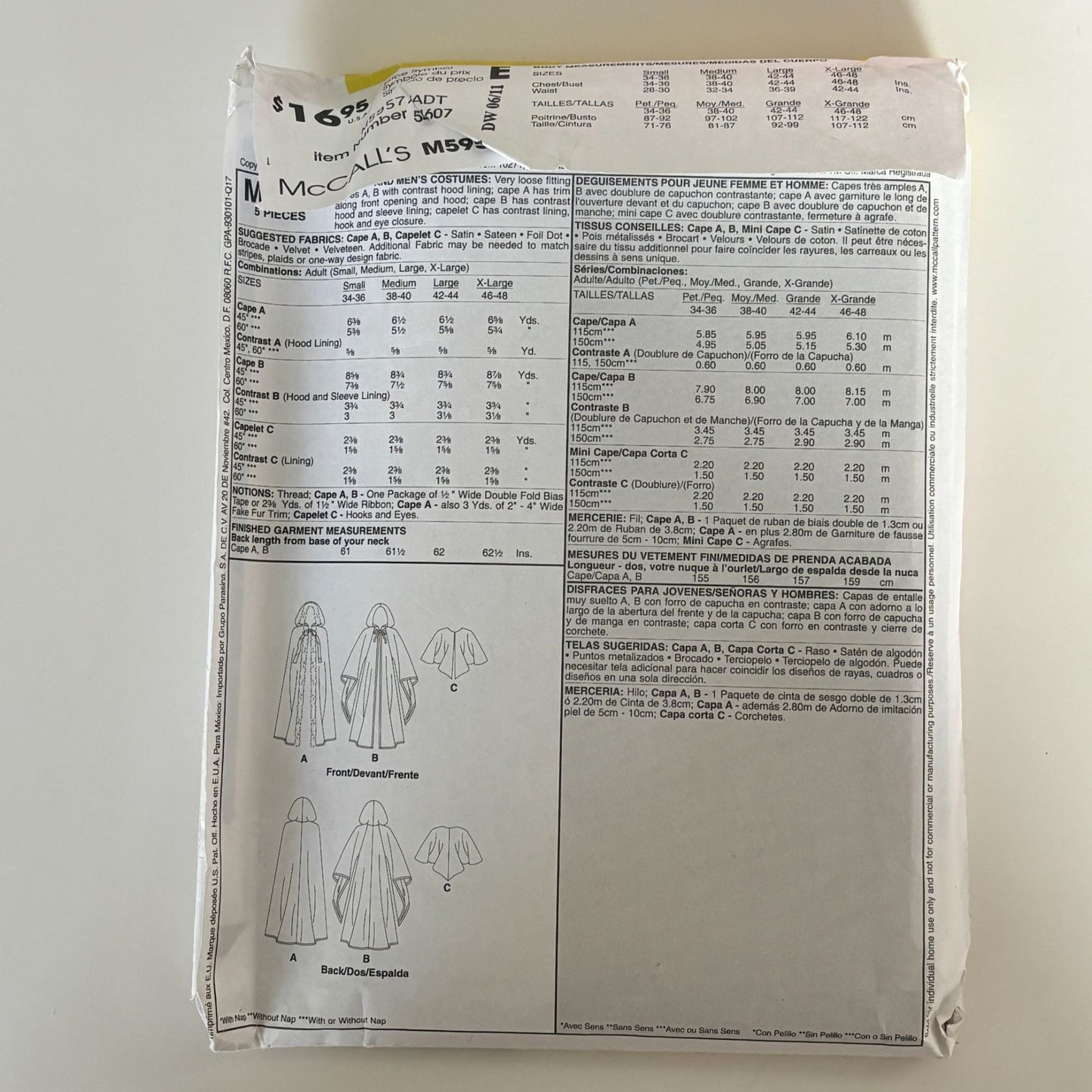 McCalls Sewing Pattern M5957 Adult Easy Halloween Costume Cloak Cape Cosplay Renaissance S-XL Uncut