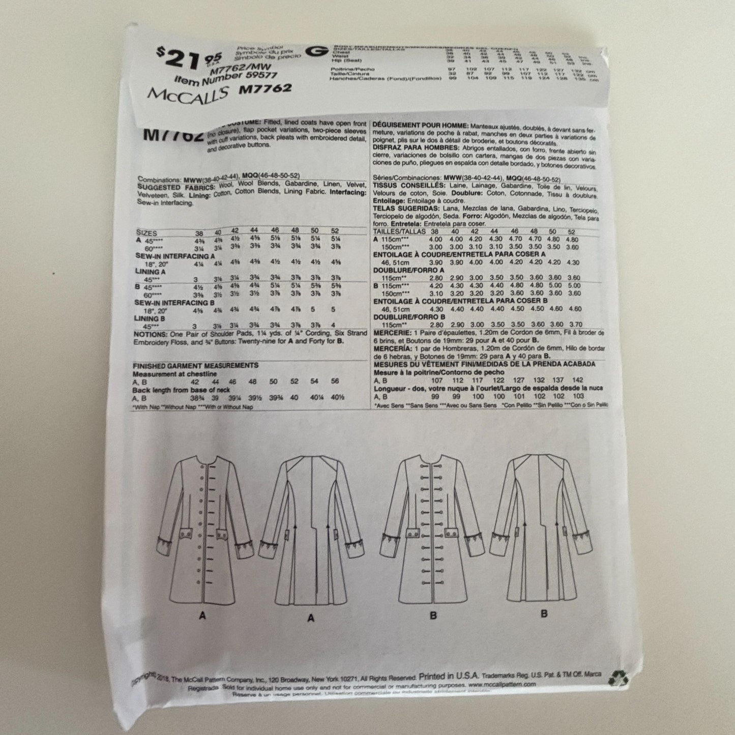 McCalls Sewing Pattern M7762 Outlander Coat Costume Mens Highland 38-44 Uncut