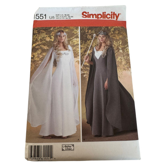 Simplicity Sewing Pattern 1551 Medieval Fantasy Costume Dress Cape Sleeve 16-24