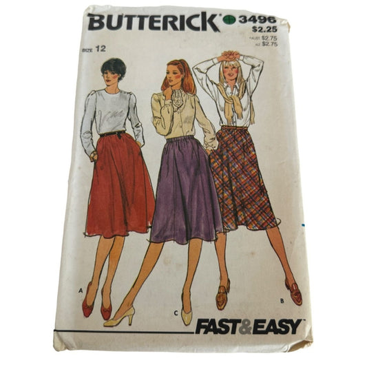 Butterick Sewing Pattern 3496 Skirts Slightly Flared Size 12 Uncut Fast Easy