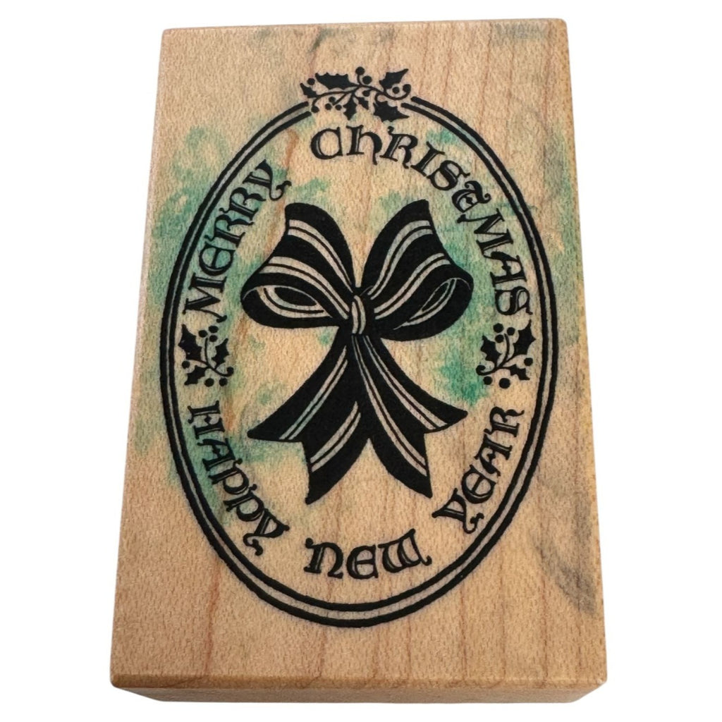 PSX Rubber Stamp Merry Christmas Happy New Year Bow Holidays Greeting Sentiment