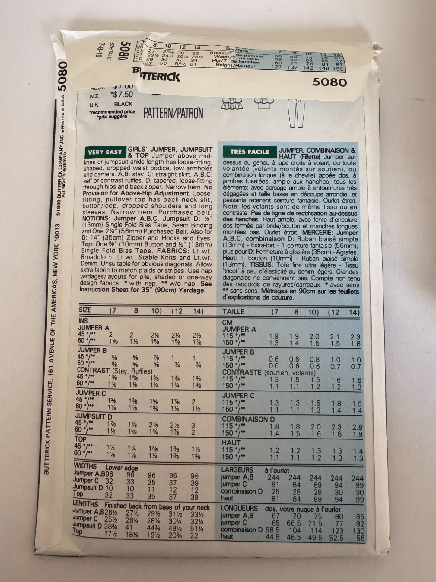 Butterick Sewing Pattern 5080 Busybodies Girls Jumper Jumpsuit Shirt Easy 7 8 10