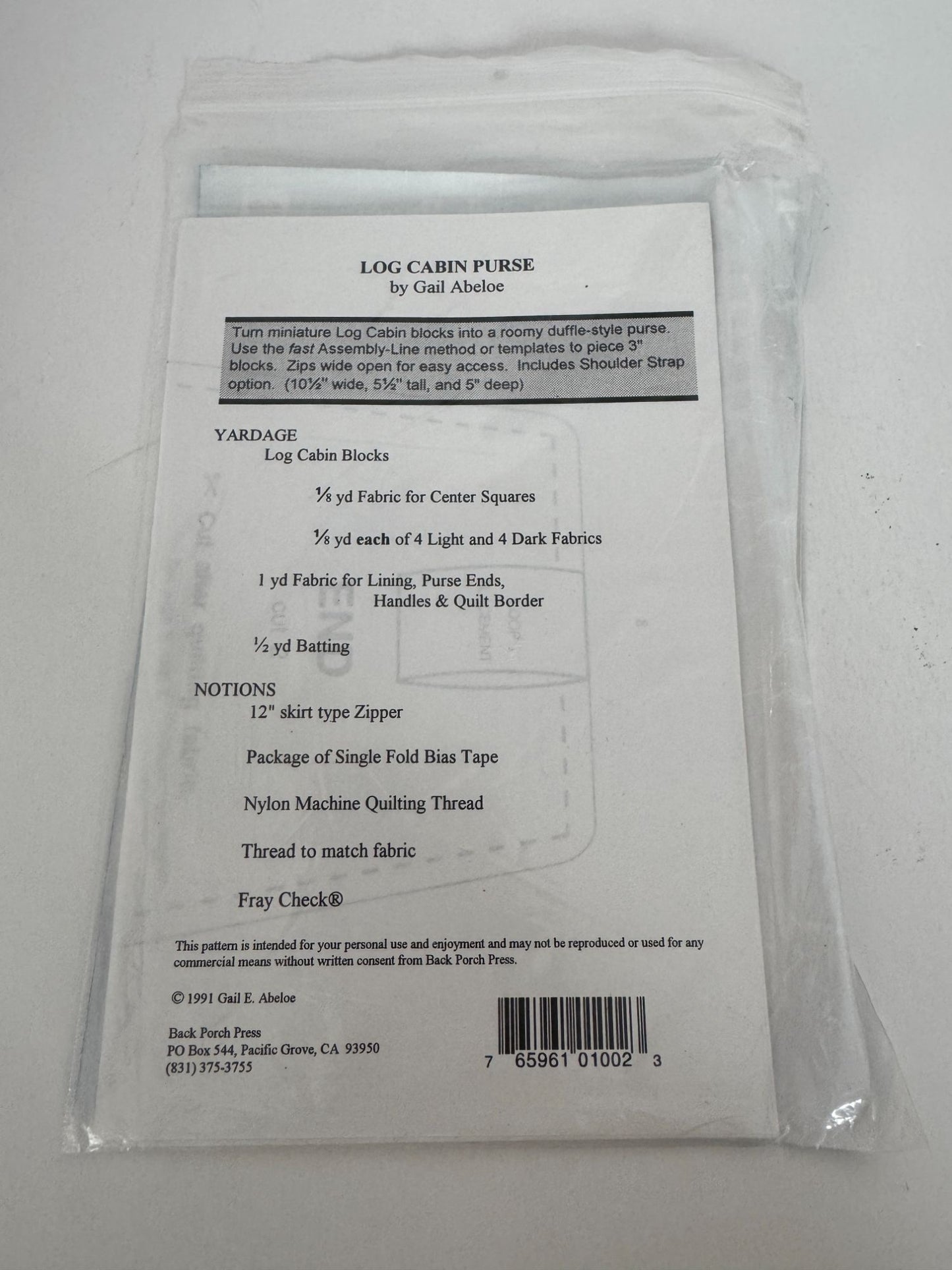 Back Porch Press Quilting Pattern Log Cabin Purse Duffle Style Quilted Bag Craft