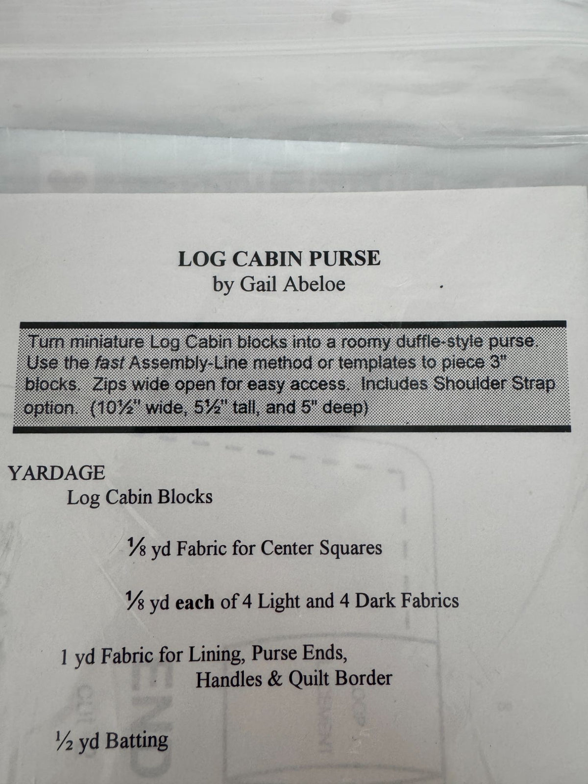 Back Porch Press Quilting Pattern Log Cabin Purse Duffle Style Quilted Bag Craft