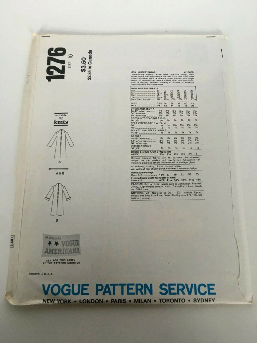 Vogue Sewing Pattern 1276 Bill Blass Designer Midi Dress Vintage 70s Size 10 Uncut