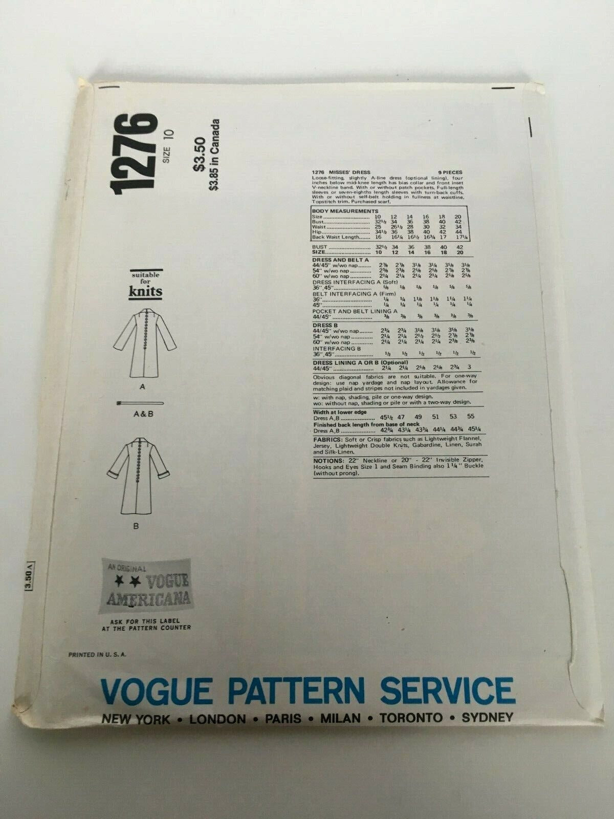 Vogue Sewing Pattern 1276 Bill Blass Designer Midi Dress Vintage 70s Size 10 Uncut