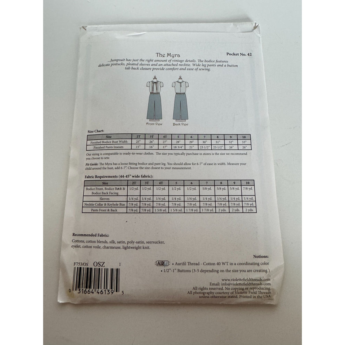 Violette Field Threads Sewing Pattern F753 Myra Girls Jumpsuit 2T-10 Summer UC
