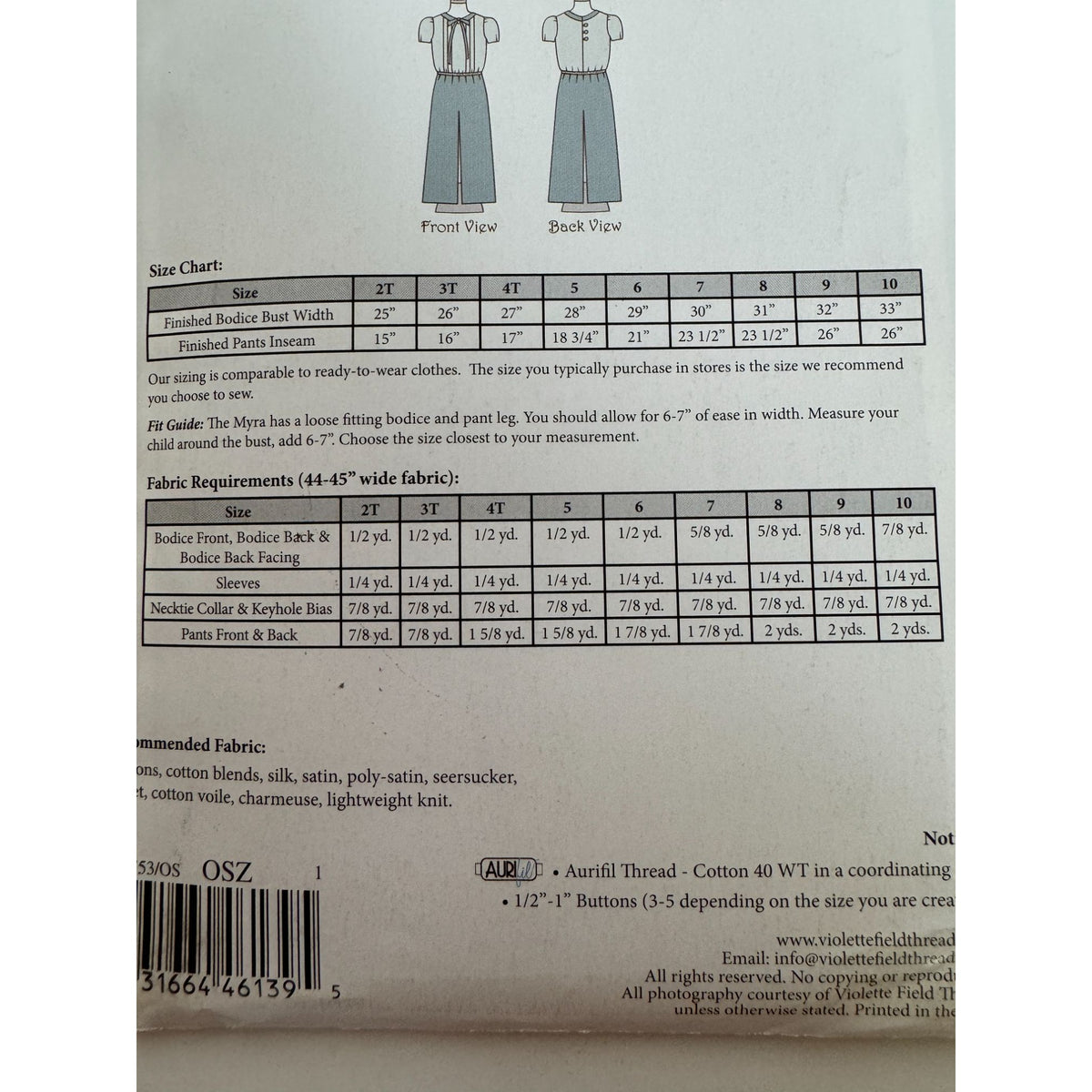 Violette Field Threads Sewing Pattern F753 Myra Girls Jumpsuit 2T-10 Summer UC