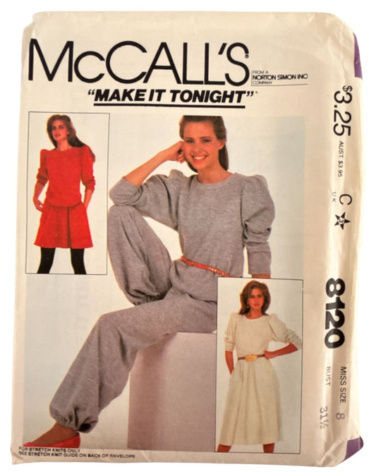 McCalls Sewing Pattern 8120 Misses Top Flared Skirt Pants Size 8 Bust 31 1/2" UC