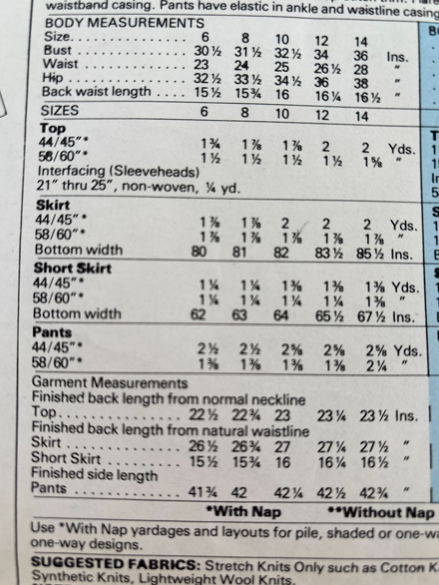 McCalls Sewing Pattern 8120 Misses Top Flared Skirt Pants Size 8 Bust 31 1/2" UC