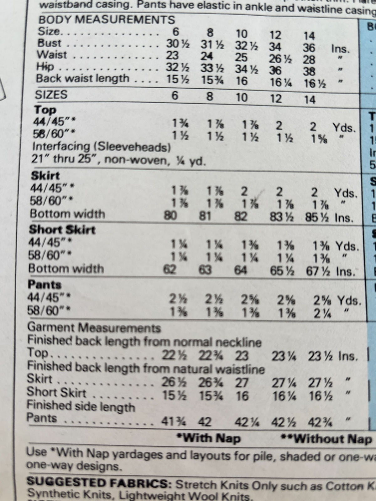 McCalls Sewing Pattern 8120 Misses Top Flared Skirt Pants Size 8 Bust 31 1/2" UC