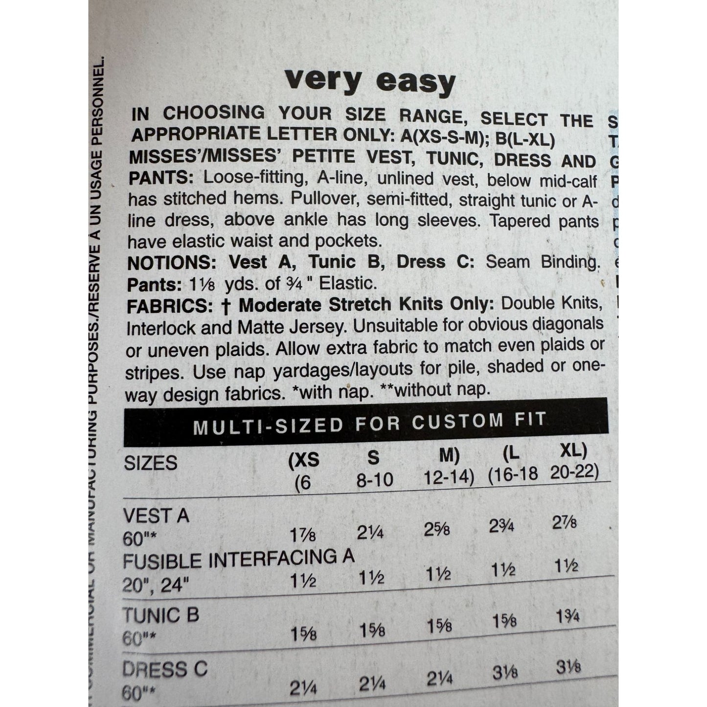 Butterick See and Sew Sewing Pattern B4270 Vest Tunic Dress Pants XS S M 6-14 UC