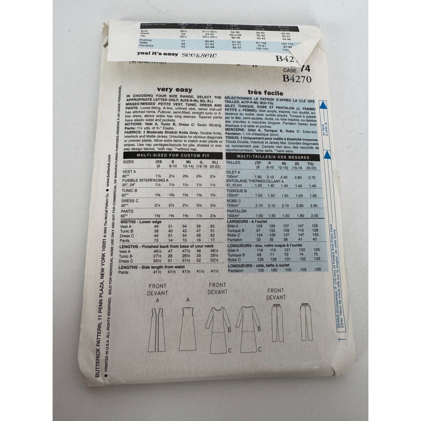 Butterick See and Sew Sewing Pattern B4270 Vest Tunic Dress Pants XS S M 6-14 UC