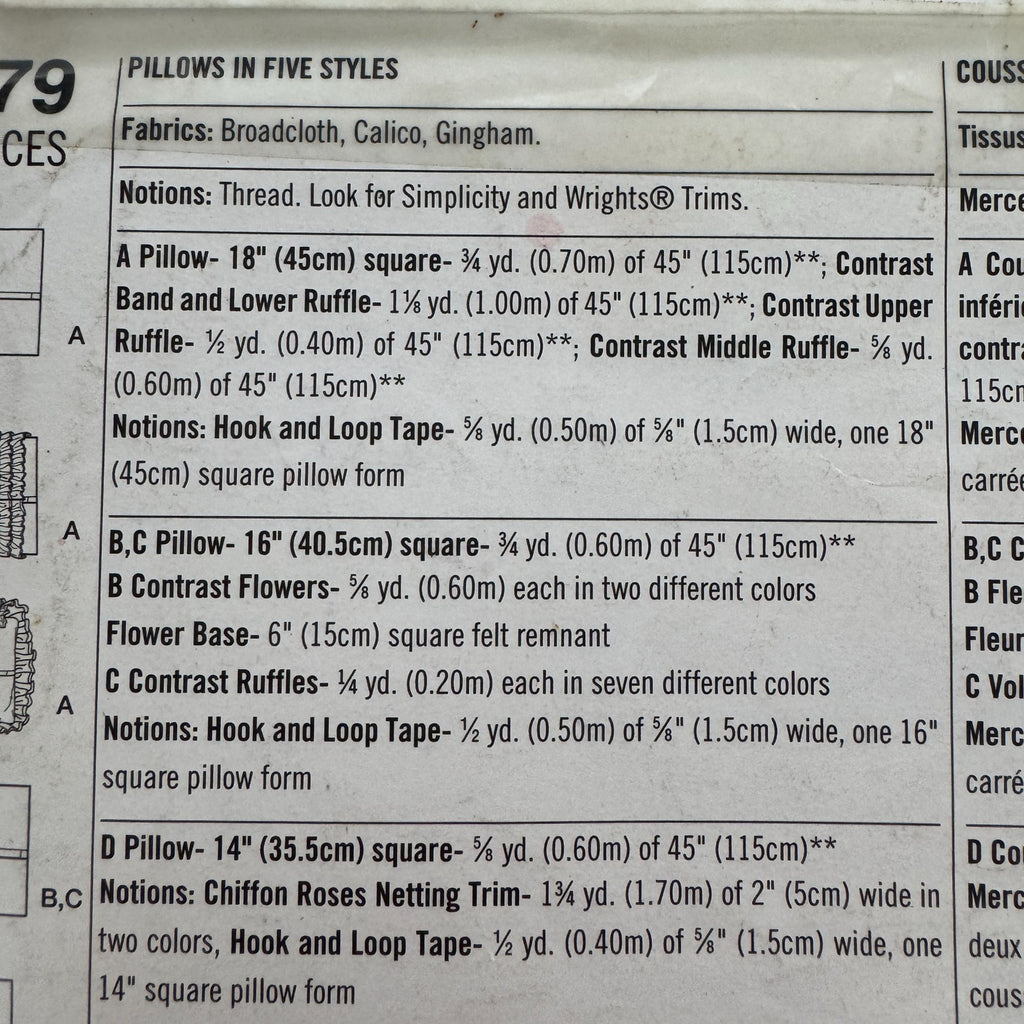 Simplicity Sewing Pattern 1679 Pillows Square Ruffles Couch Bedroom Home Decor