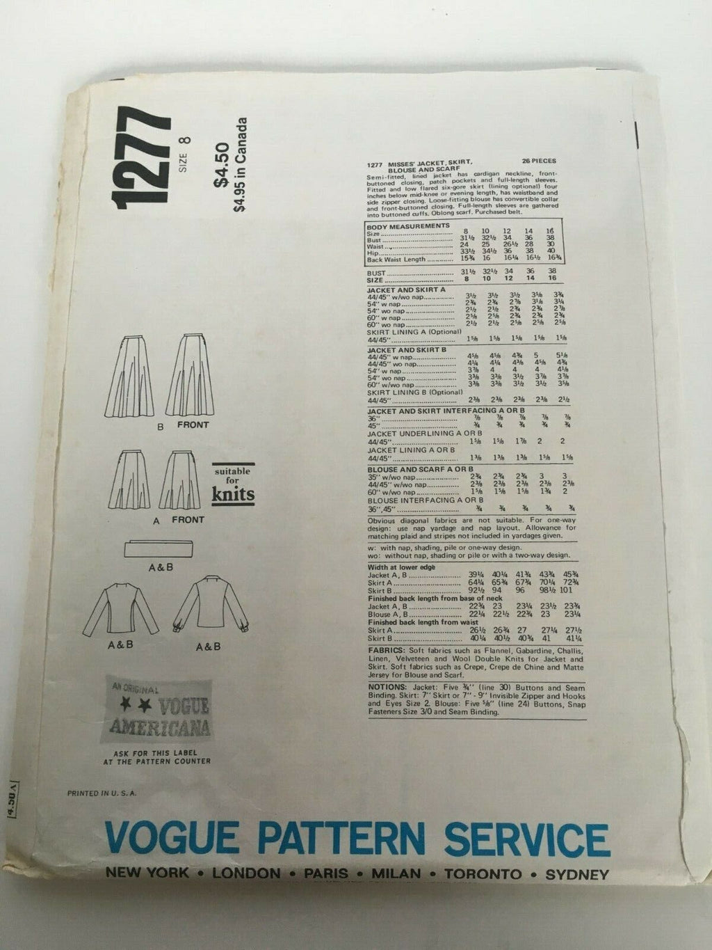 Vogue Sewing Pattern 1277 Designer Bill Blass Jacket Skirt Blouse Scarf 70s 8 Uncut