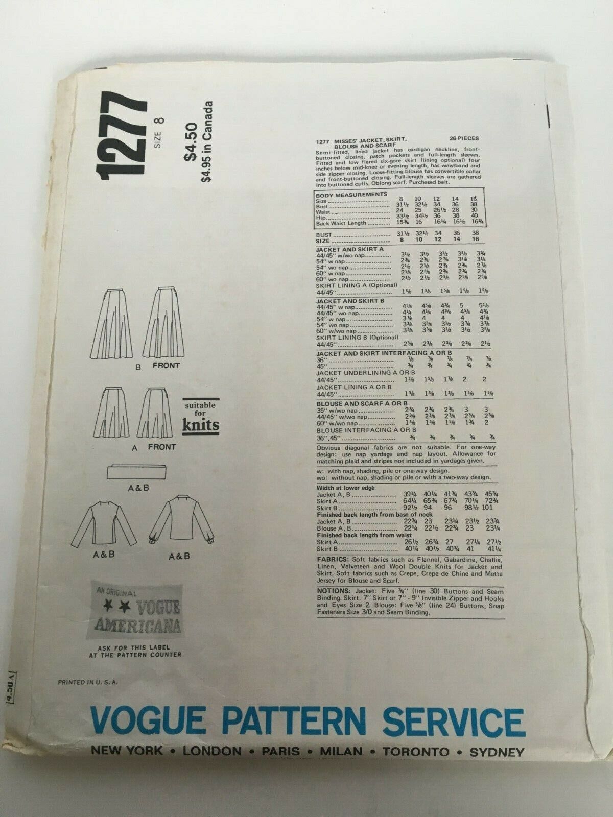 Vogue Sewing Pattern 1277 Designer Bill Blass Jacket Skirt Blouse Scarf 70s 8 Uncut
