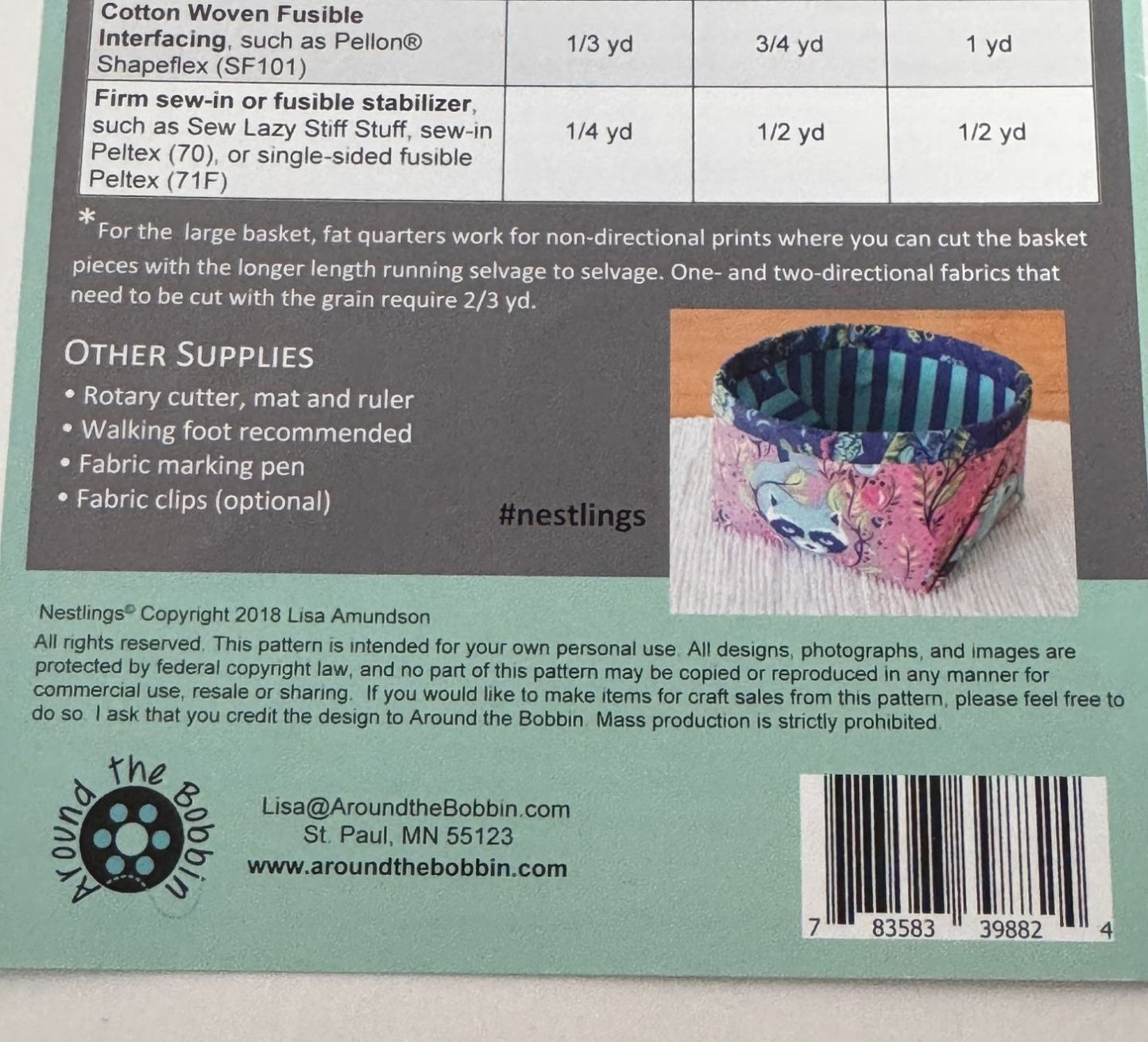 Around the Bobbin Sewing Pattern Nestlings Basket Stacking Storage Square Fabric