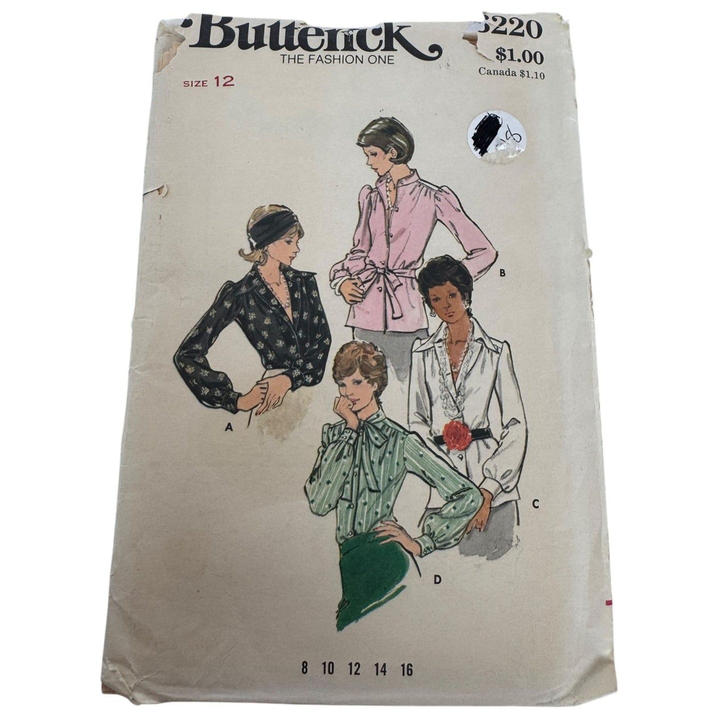 Butterick Sewing Pattern 3220 Misses Blouse Bowed Collar 12 Uncut 1970s Vintage