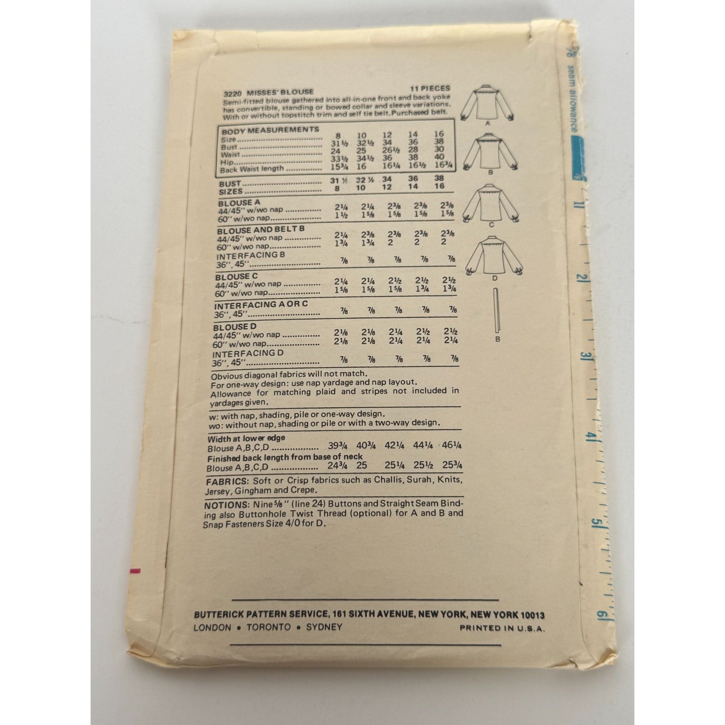 Butterick Sewing Pattern 3220 Misses Blouse Bowed Collar 12 Uncut 1970s Vintage