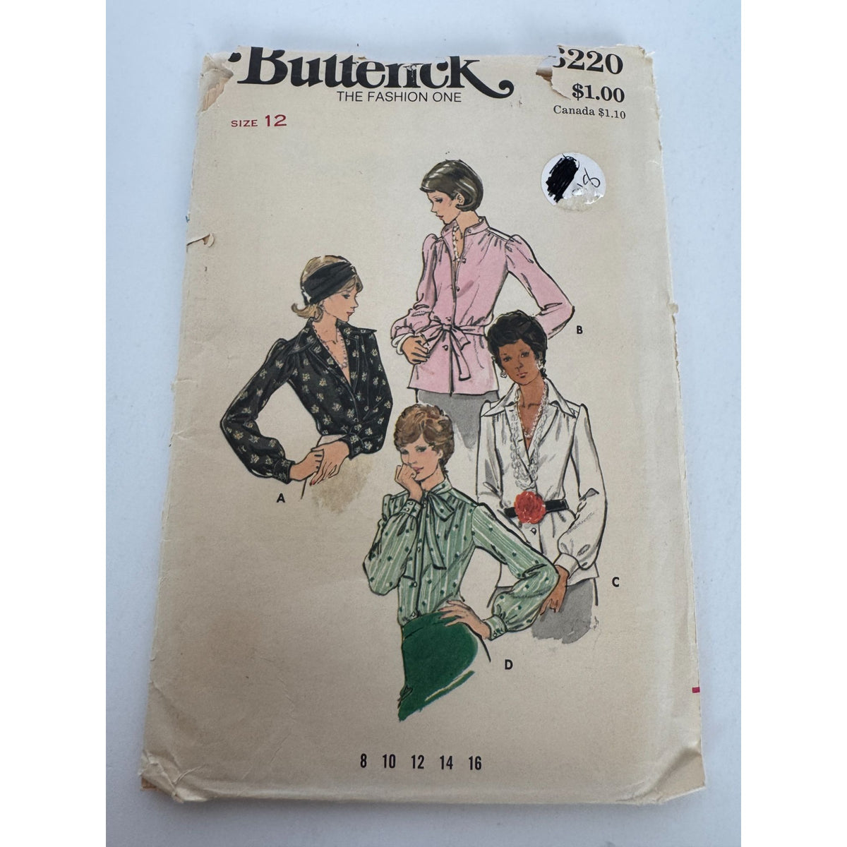 Butterick Sewing Pattern 3220 Misses Blouse Bowed Collar 12 Uncut 1970s Vintage