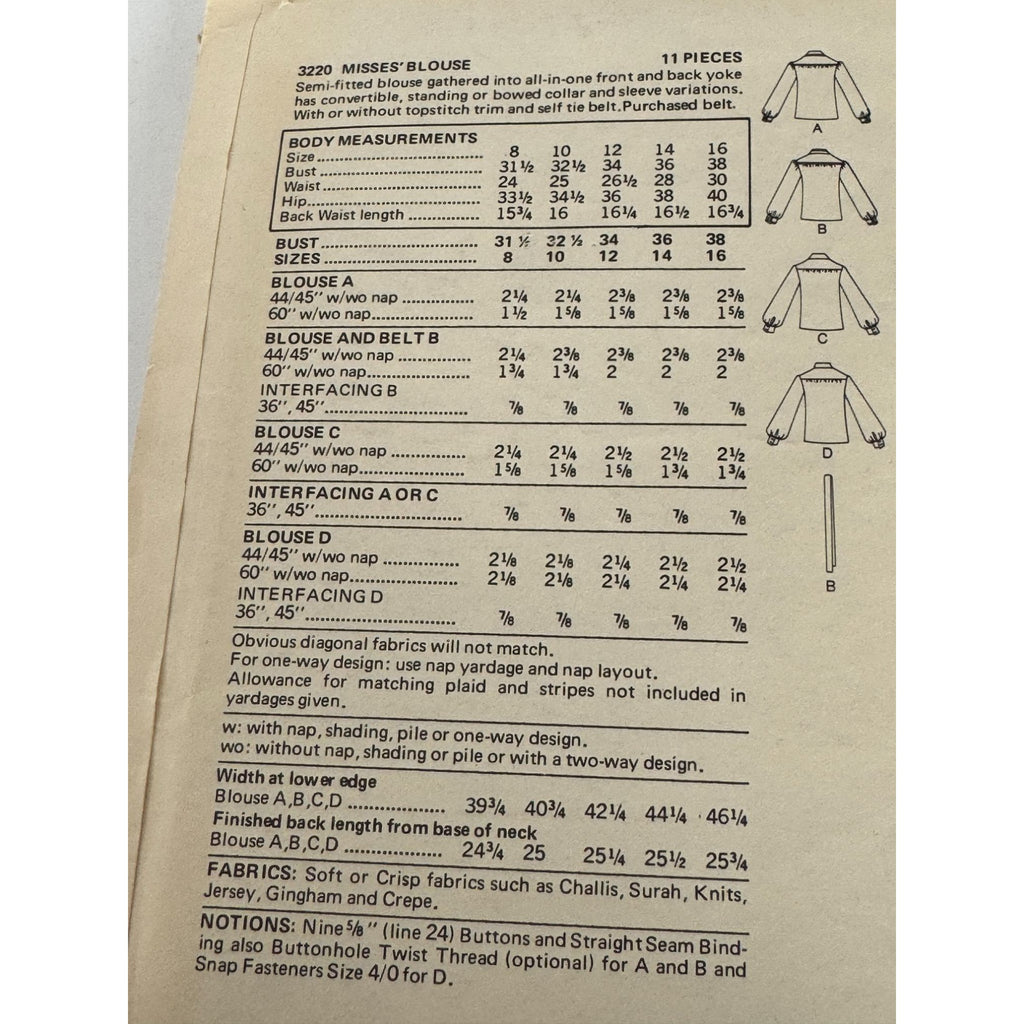 Butterick Sewing Pattern 3220 Misses Blouse Bowed Collar 12 Uncut 1970s Vintage