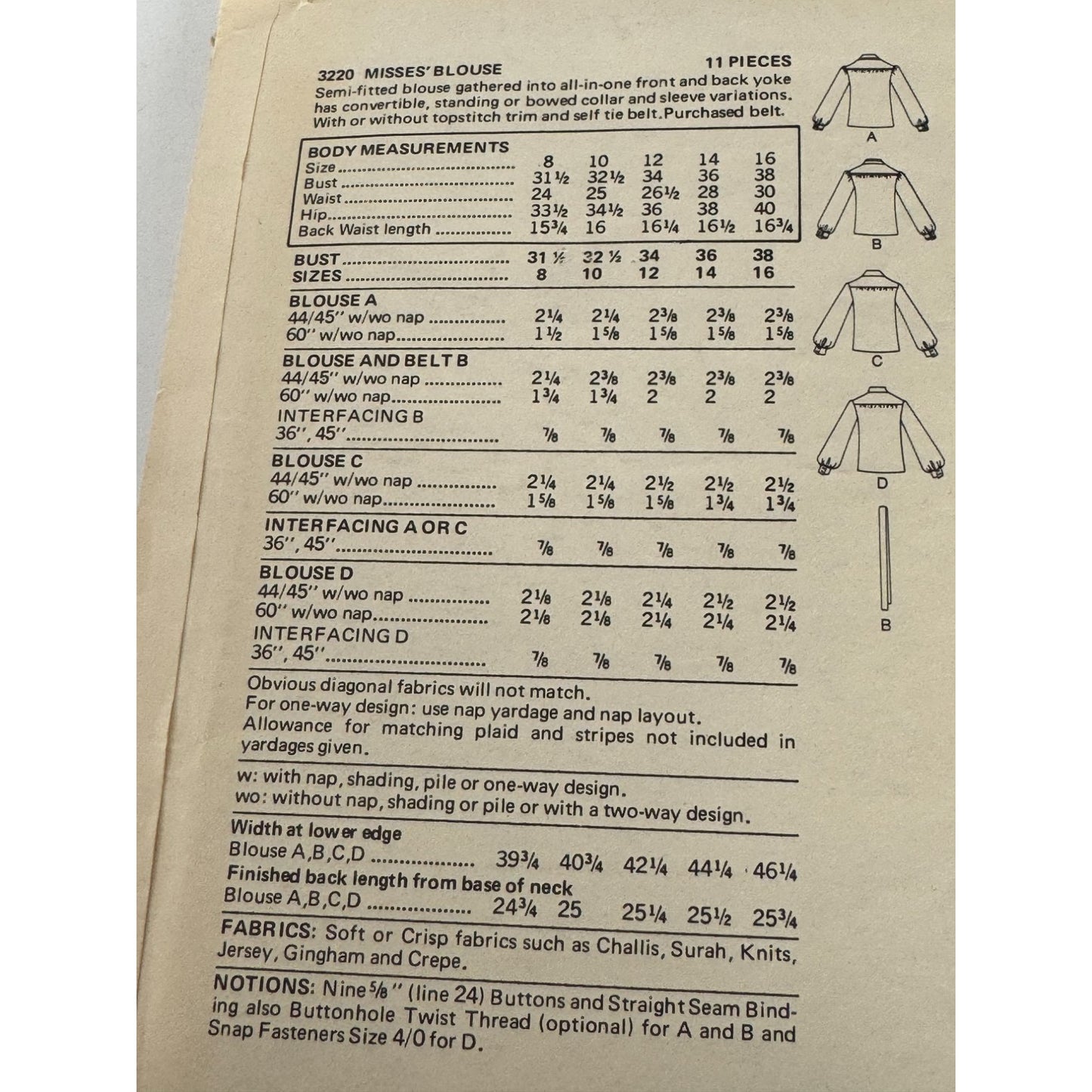 Butterick Sewing Pattern 3220 Misses Blouse Bowed Collar 12 Uncut 1970s Vintage