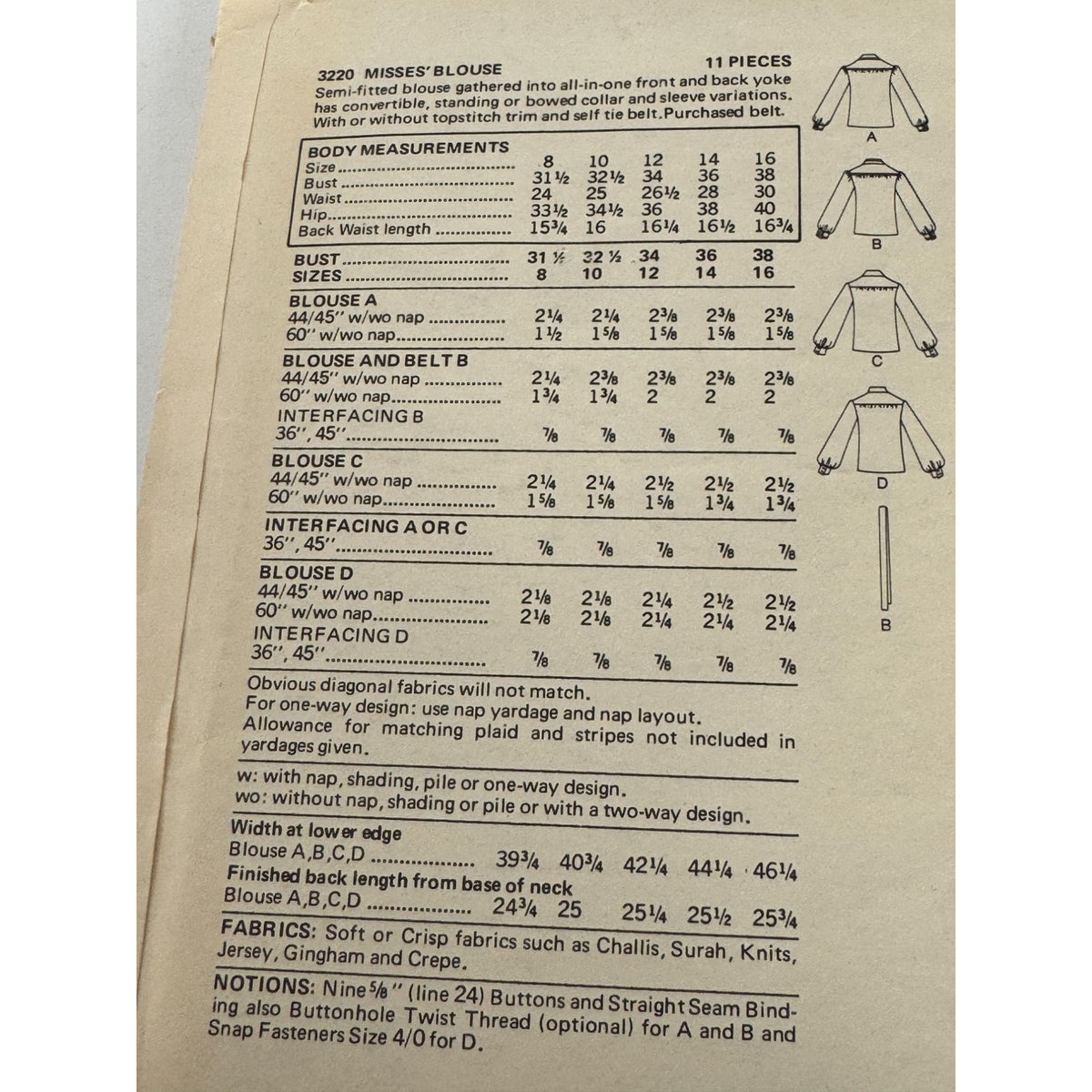 Butterick Sewing Pattern 3220 Misses Blouse Bowed Collar 12 Uncut 1970s Vintage