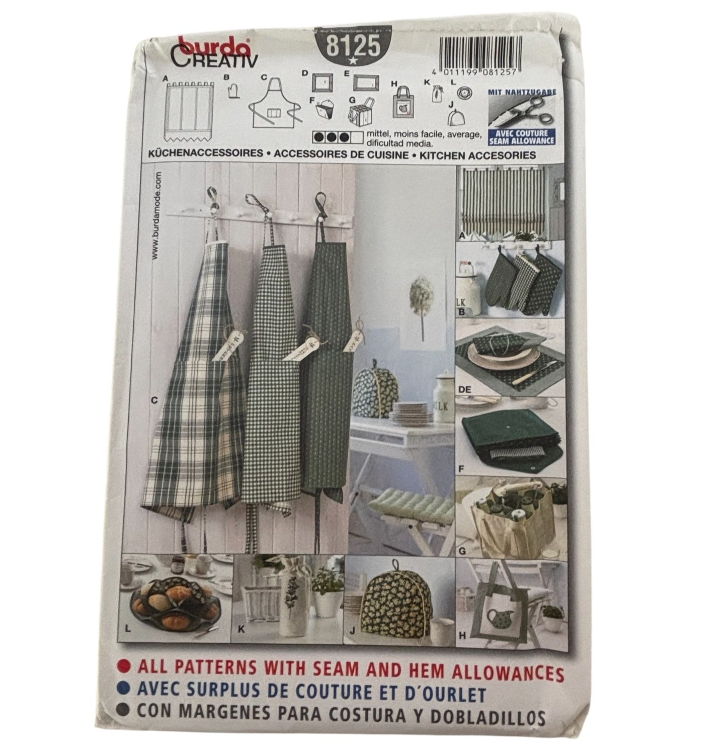 Burda Sewing Pattern 8125 Creative Kitchen Accessories Apron Napkins Valance Bag