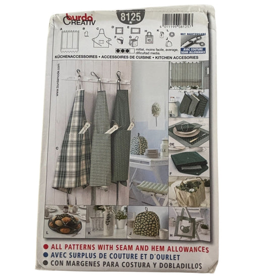 Burda Sewing Pattern 8125 Creative Kitchen Accessories Apron Napkins Valance Bag