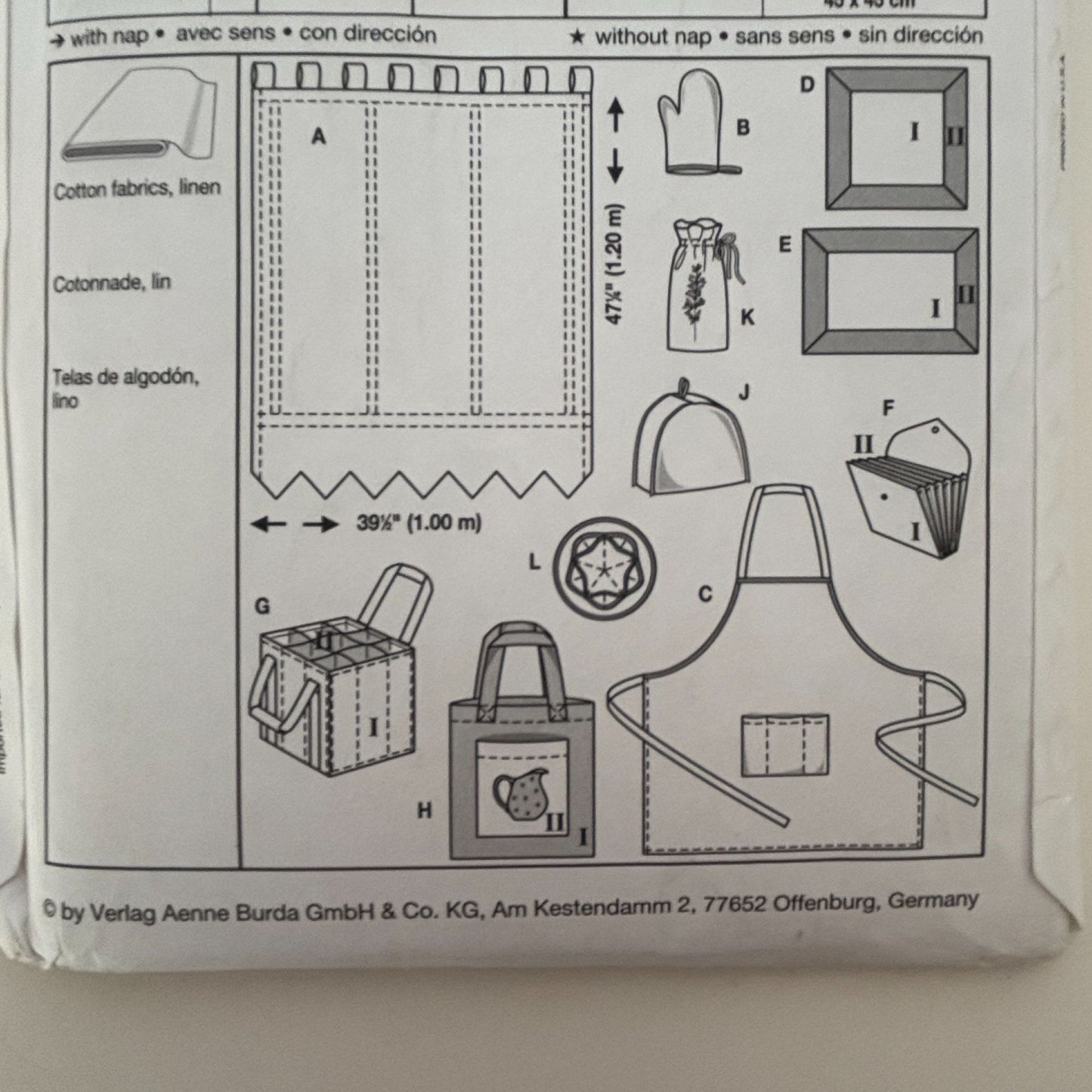 Burda Sewing Pattern 8125 Creative Kitchen Accessories Apron Napkins Valance Bag