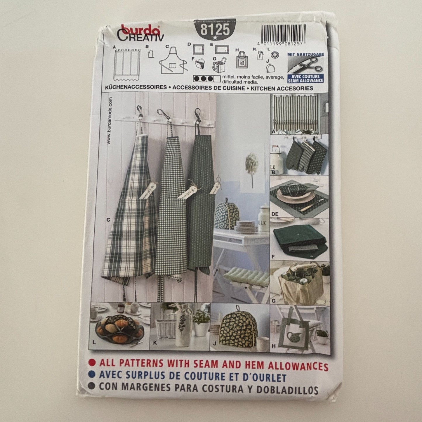 Burda Sewing Pattern 8125 Creative Kitchen Accessories Apron Napkins Valance Bag