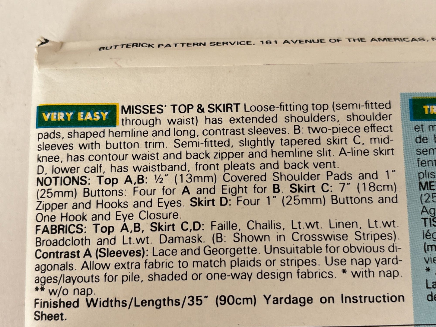 Butterick Sewing Pattern 6635 Easy Misses Top Skirt Work Outfit 1990s 6 8 10 UC