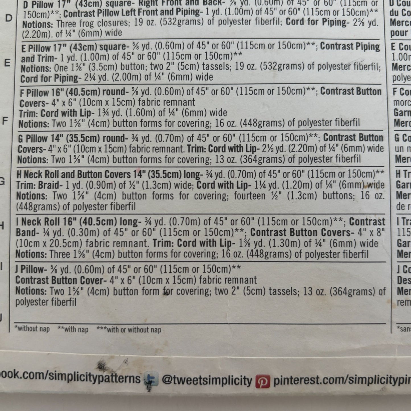 Simplicity Sewing Pattern 1480 Decorative Pillows Neck Rolls Home Decor Uncut