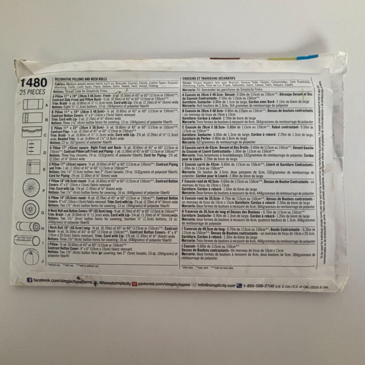 Simplicity Sewing Pattern 1480 Decorative Pillows Neck Rolls Home Decor Uncut