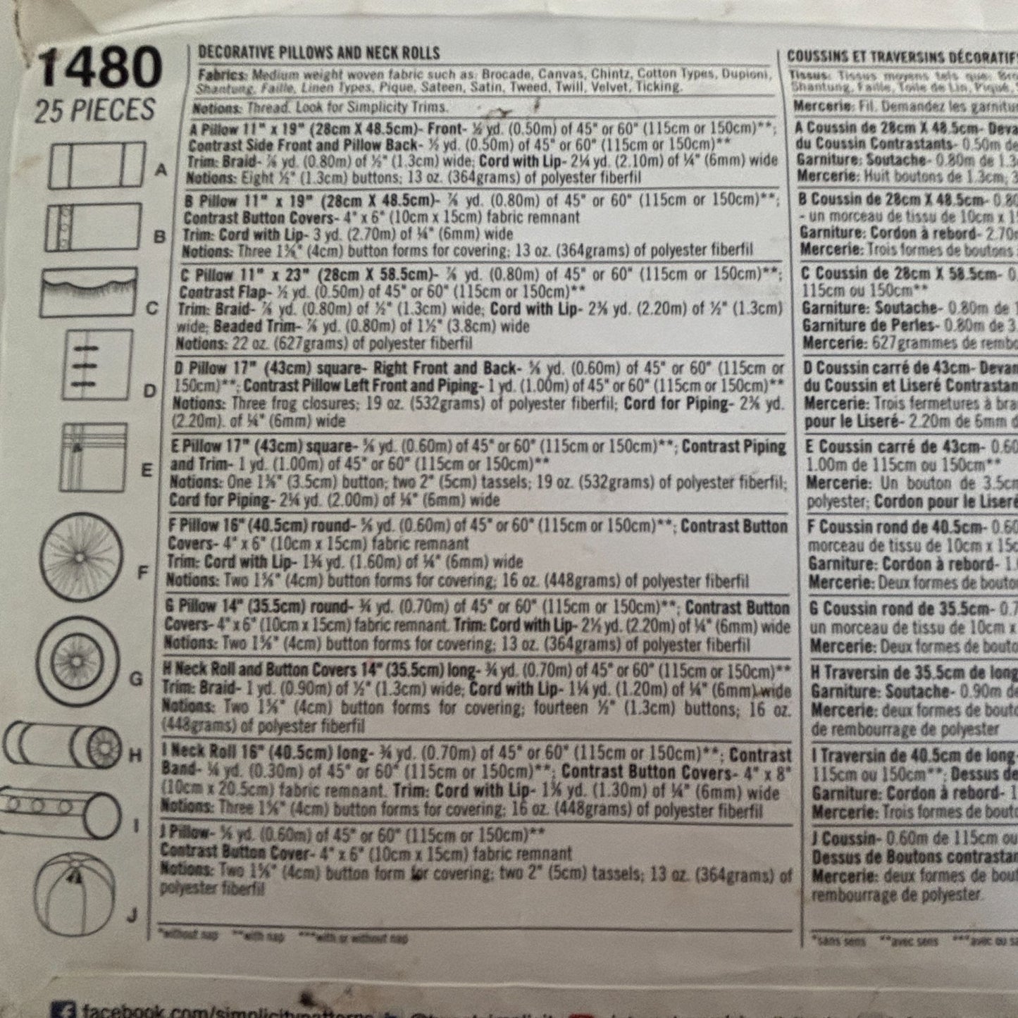 Simplicity Sewing Pattern 1480 Decorative Pillows Neck Rolls Home Decor Uncut