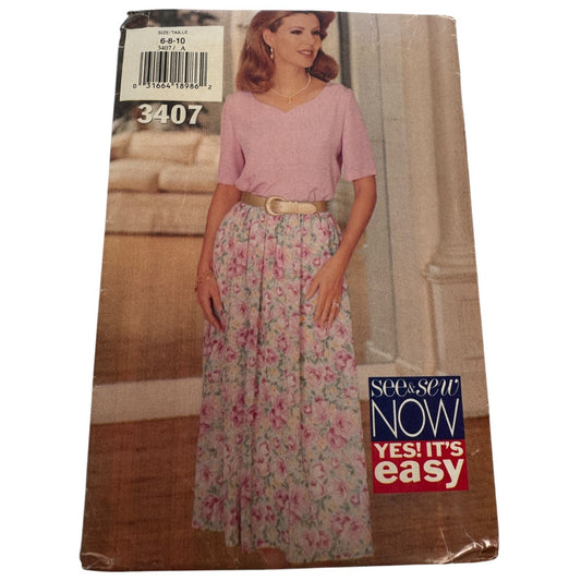Butterick Sewing Pattern 3407 Top Skirt Slip Outfit 6 8 10 Vintage Easy Uncut