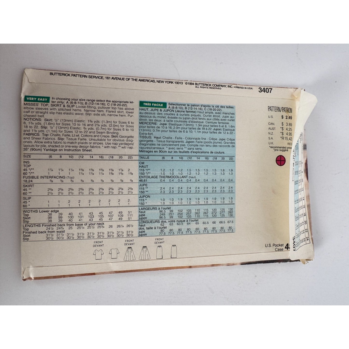 Butterick Sewing Pattern 3407 Top Skirt Slip Outfit 6 8 10 Vintage Easy Uncut