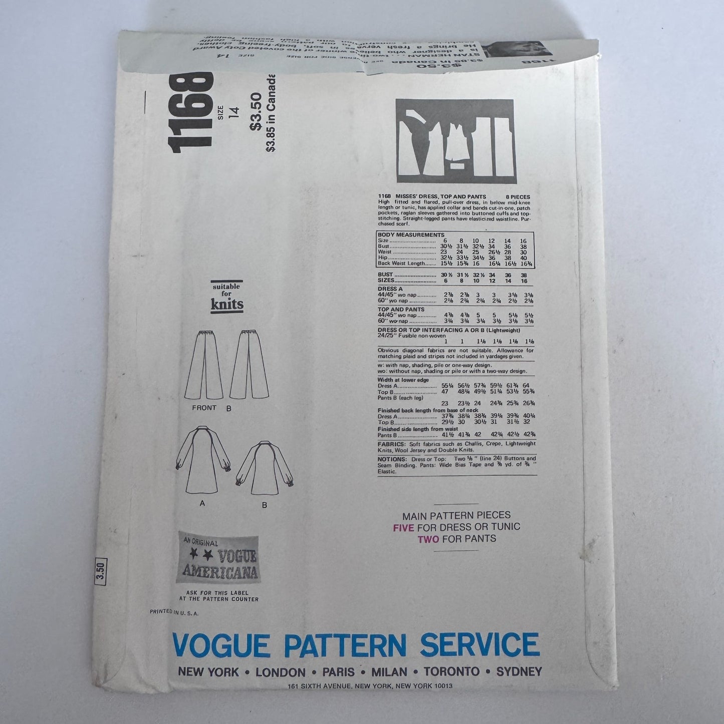 Vogue Sewing Pattern 1168 Dress Tunic Top Pants 1970s  Stan Herman 14 Uncut Designer