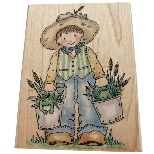 Penny Black Rubber Stamp Frog Farming Boy Cowboy Hat Country Farmer Card Making