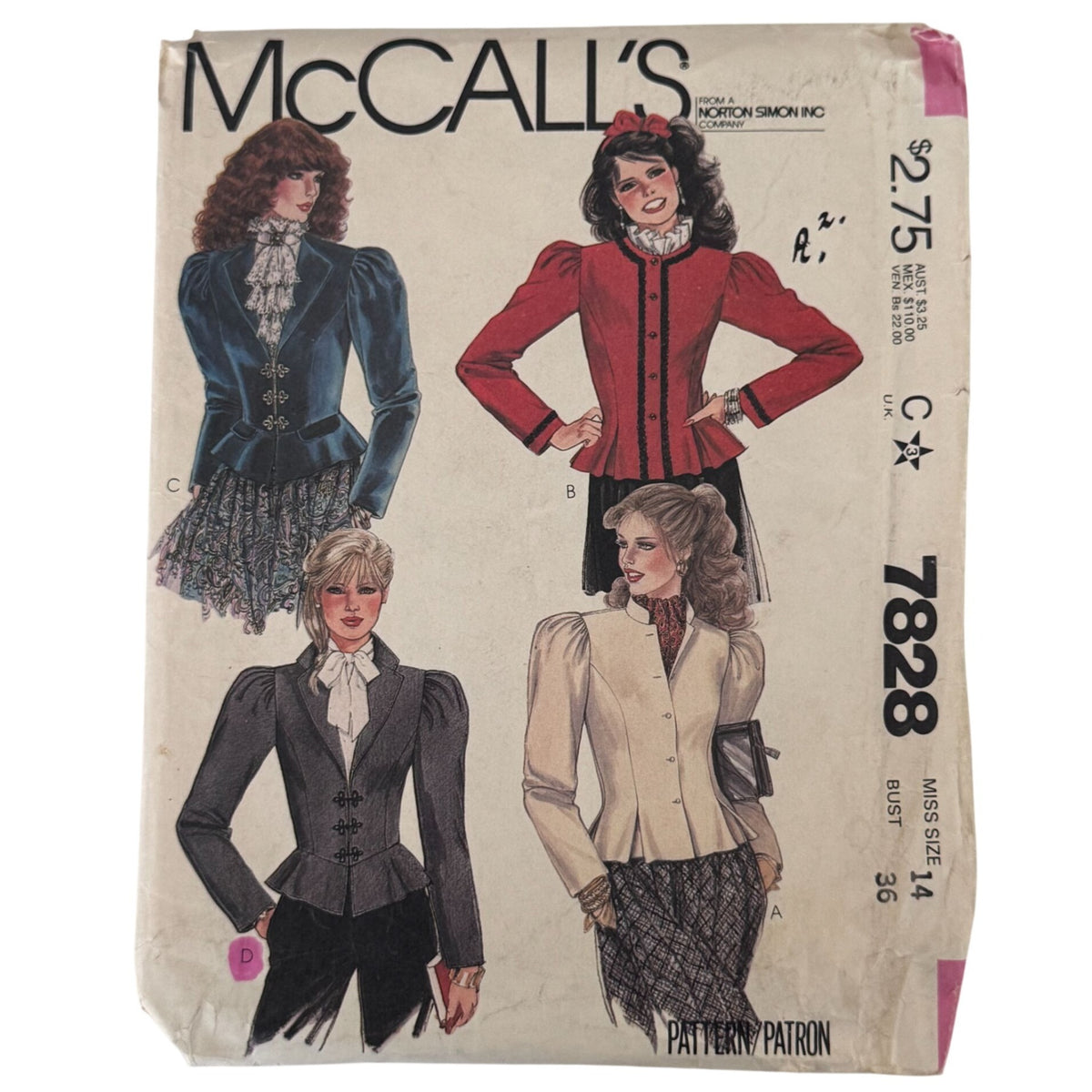 McCalls Sewing Pattern 7828 Fitted Jacket Victorian Blouse Romantic 80s 14 Uncut Goth Outfit