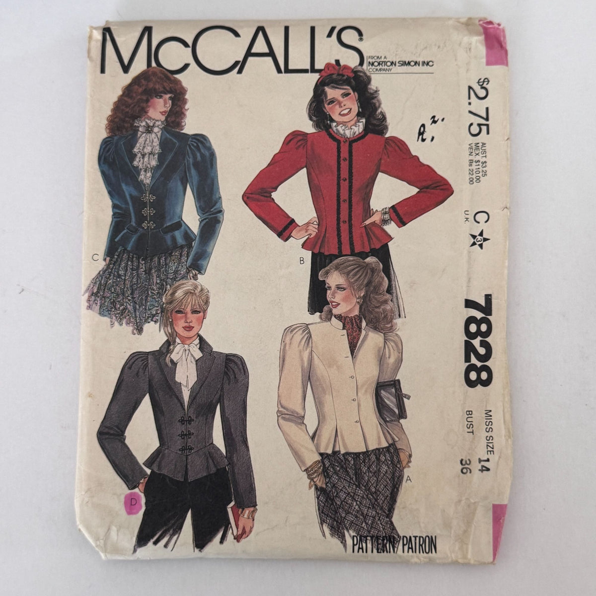 McCalls Sewing Pattern 7828 Fitted Jacket Victorian Blouse Romantic 80s 14 Uncut Goth Outfit