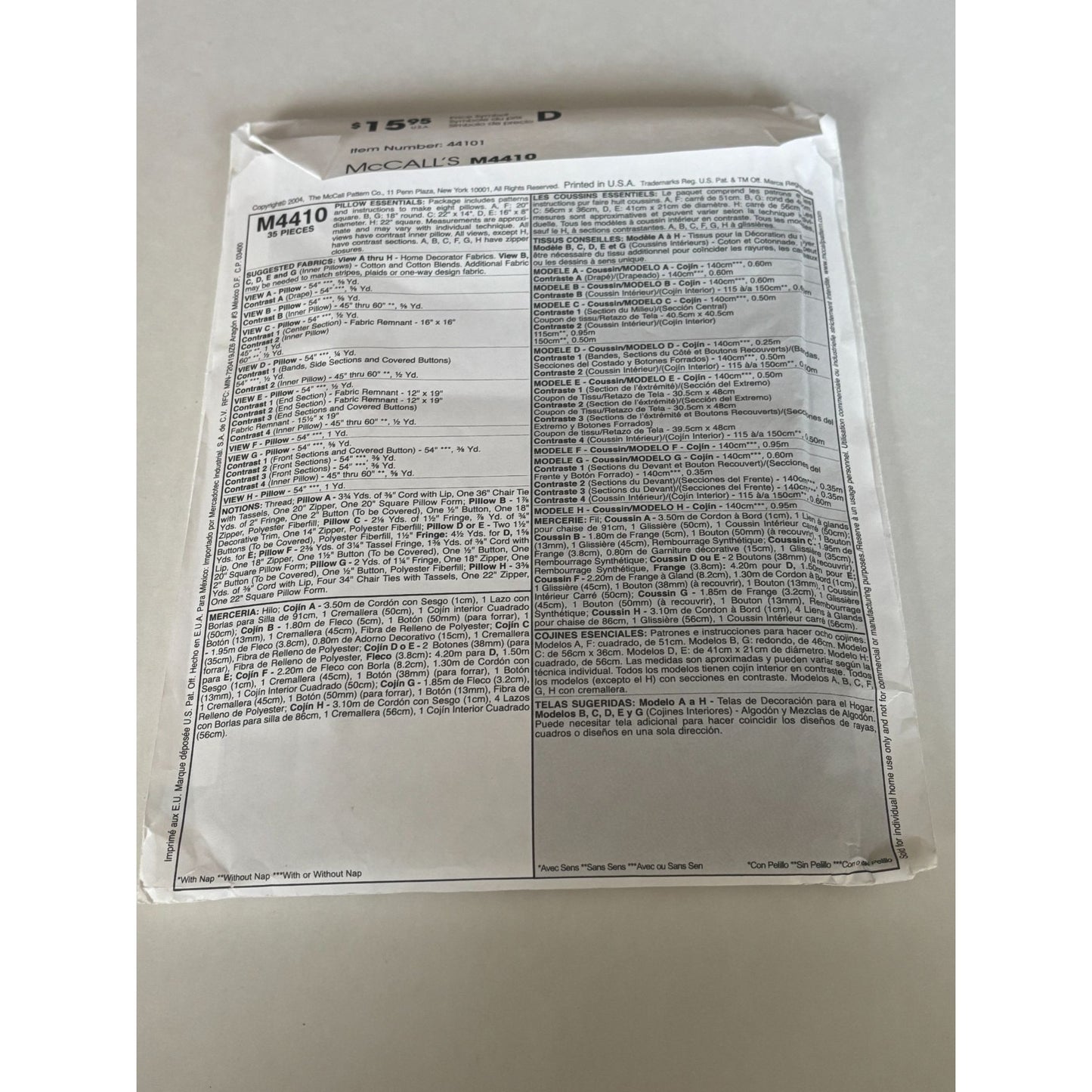 McCalls Sewing Pattern M4410 Home Decorating Accent Pillow Set Square Round UC