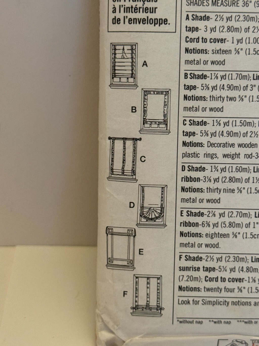 Simplicity Sewing Pattern 9117 Home Decor Window Shades With Woven Tape Uncut