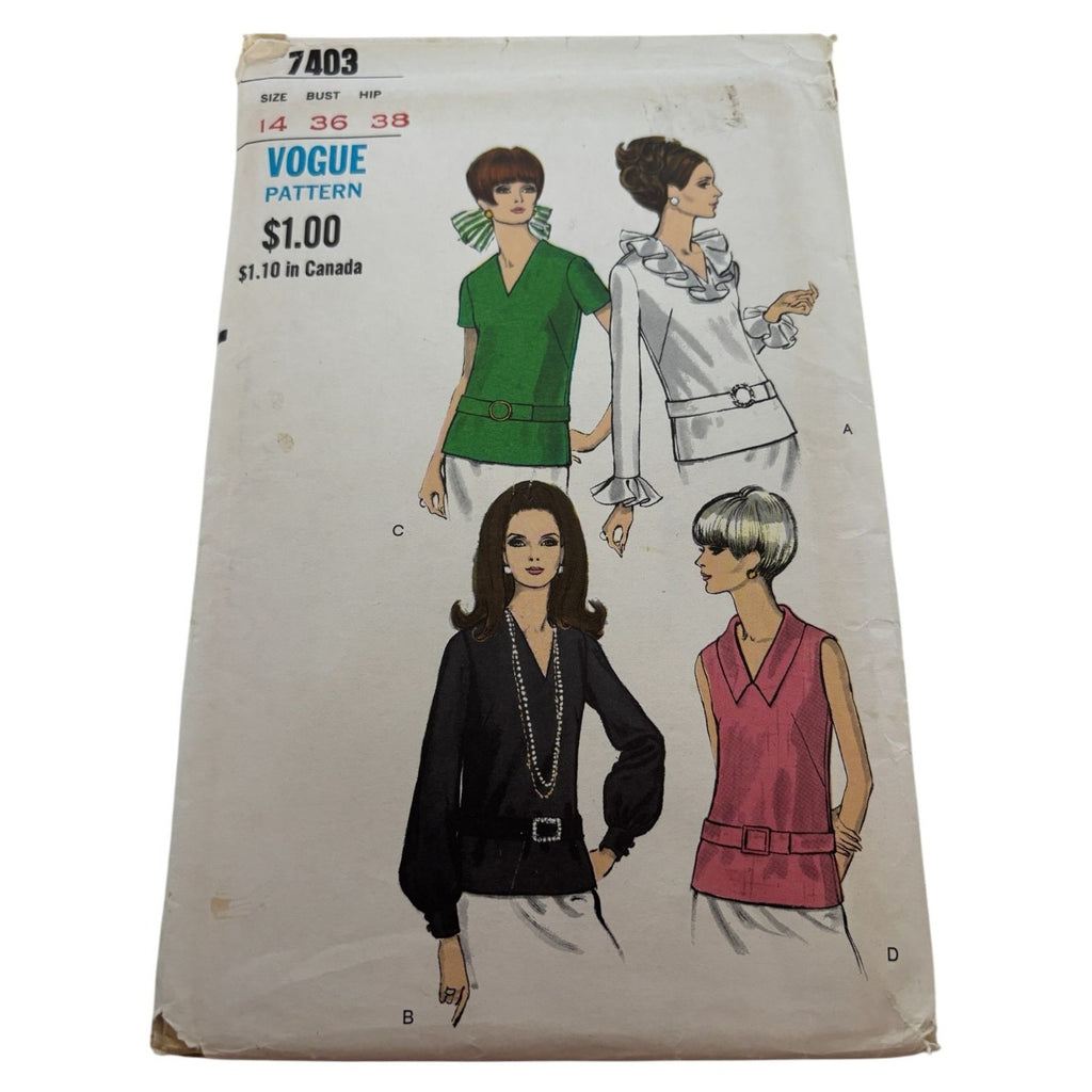 Vogue Sewing Pattern 7403 Misses Blouse Shirt Top Work Evening 1960s 14 Uncut